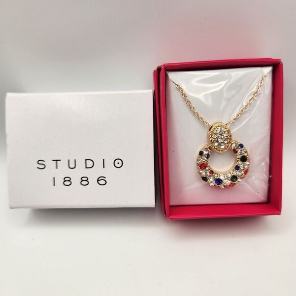 Studio 1886 Multi Pave Pendant Necklace Multicolor Goldtone Fashion Jewelry Avon - Picture 1 of 4